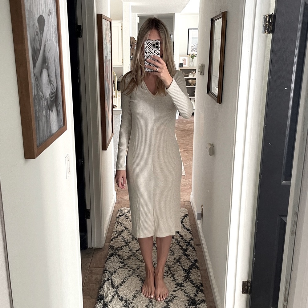 ZARA Knit Ribbed Neutral Cream Long Sleeved Midi Dress